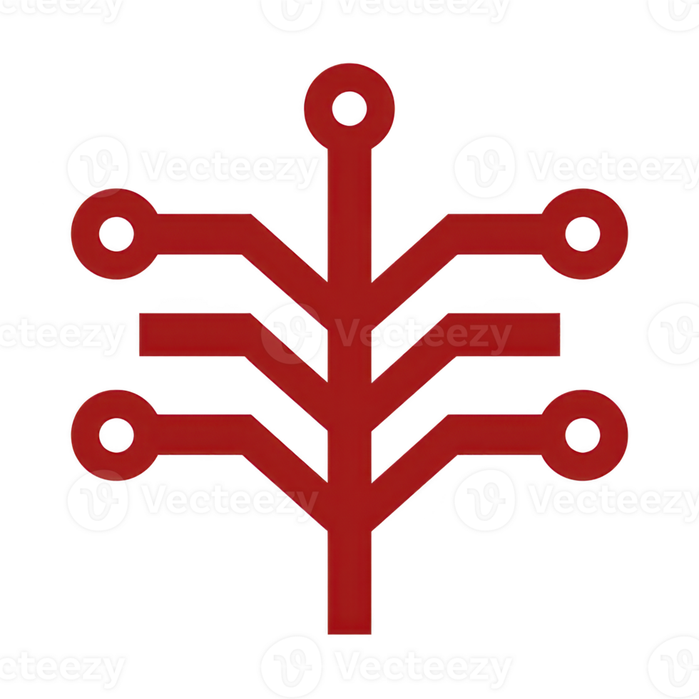 Red abstract tree like symbol with branching lines and circular nodes, resembling network or circuit design. minimalist style conveys sense of connectivity and modernity png