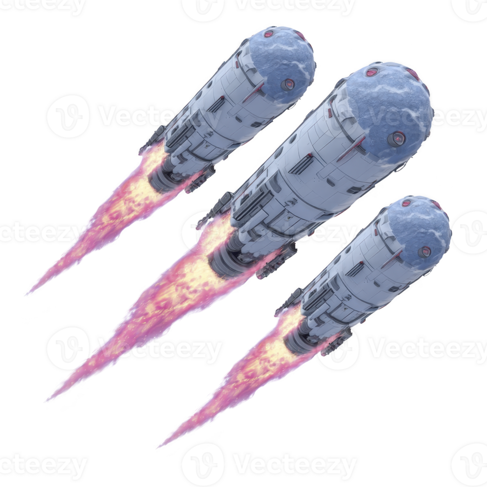 Three futuristic rockets with fiery trails soar through space, showcasing advanced technology and dynamic motion. sleek design and vibrant flames create exciting and adventurous scene png