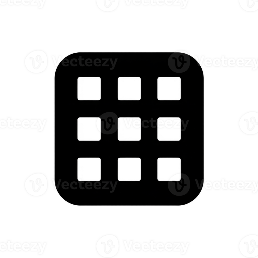 Black grid icon with nine squares on transparent background, often used to represent menu or app launcher in digital interfaces png