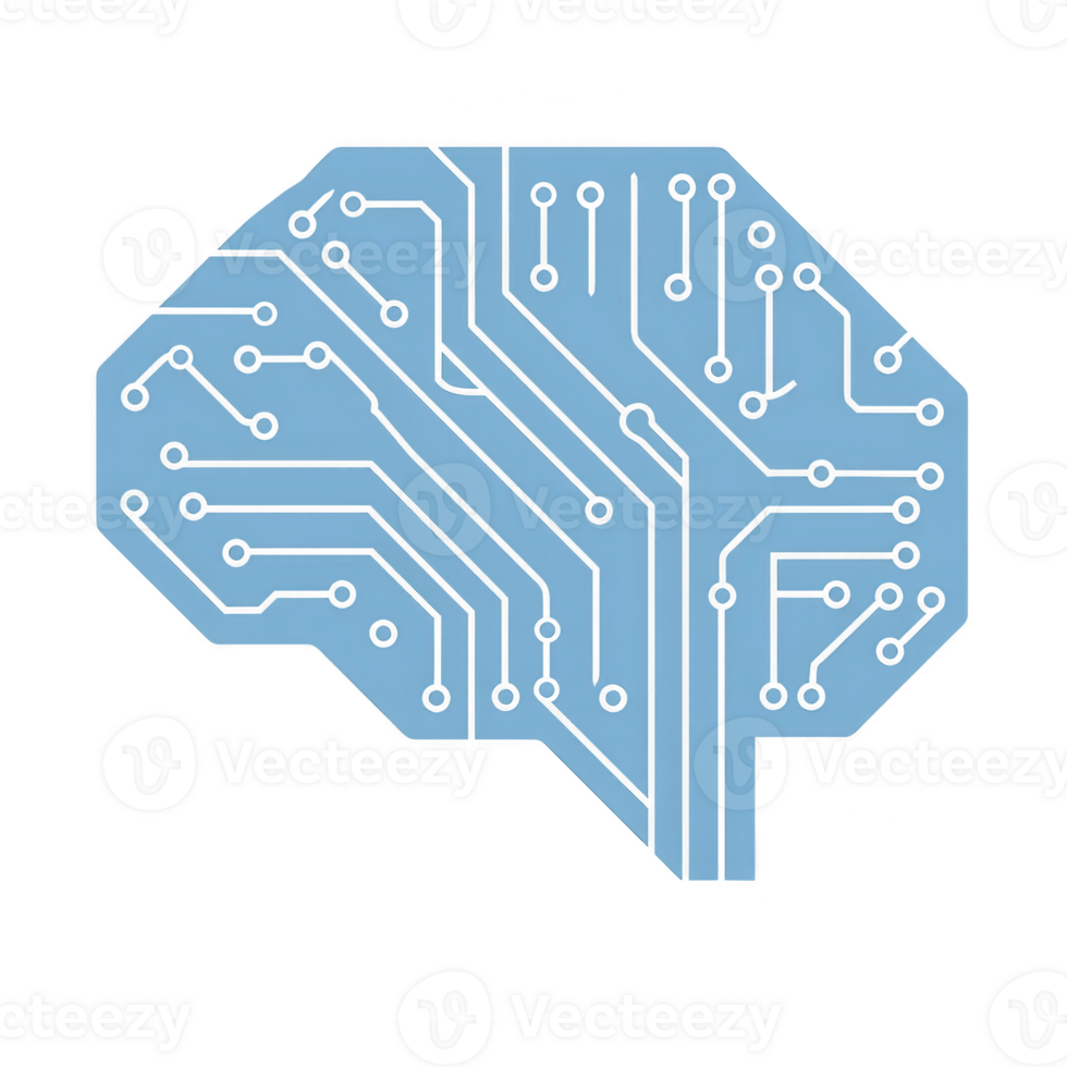 Blue circuit board shaped like brain symbolizes artificial intelligence and technology. intricate design represents complexity and connectivity of modern digital systems png