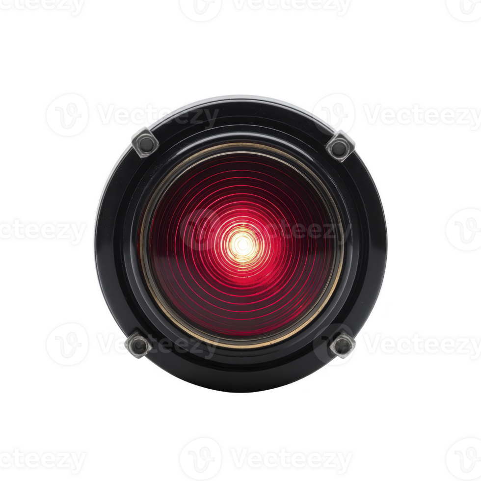 Glowing red circular light with metallic frame, resembling futuristic or industrial design, emits bright, intense glow. light is centered and surrounded by series of concentric circles png