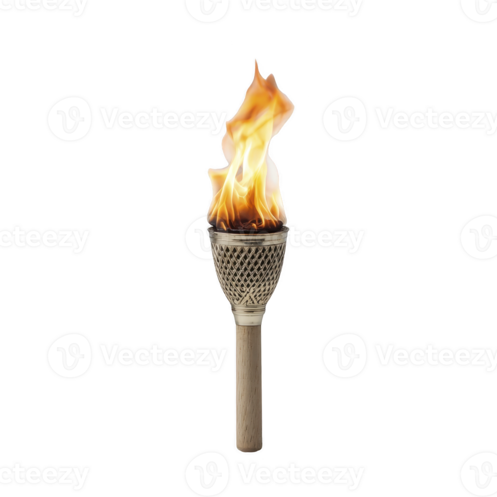 Lit torch with wooden handle and woven basket design emits bright flame, symbolizing warmth and illumination. torch is isolated on transparency background, highlighting its fiery glow png