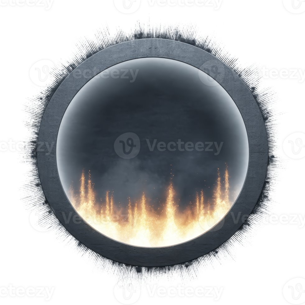 Circular portal with metallic frame and fiery energy emanating from center, creating dynamic and intense visual effect. outer edge features textured, spiky design png