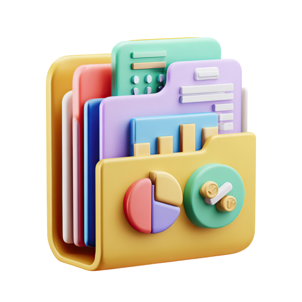 3D Render of Folder with Data Graphs with Business Concepts. png