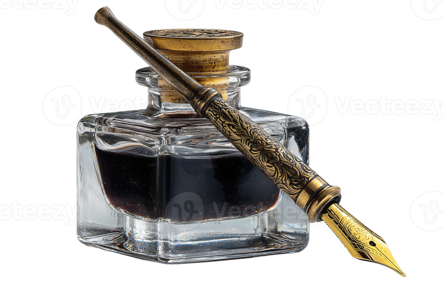 Vintage ▾ bicchiere calamaio pieno a metà con inchiostro e ottone pennino penna riposo attraverso isolato su trasparente sfondo. png
