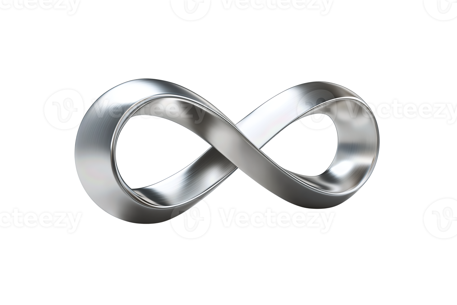 Infinity loop in satin titanium with rounded cross-section and soft reflections isolated on transparent background. png