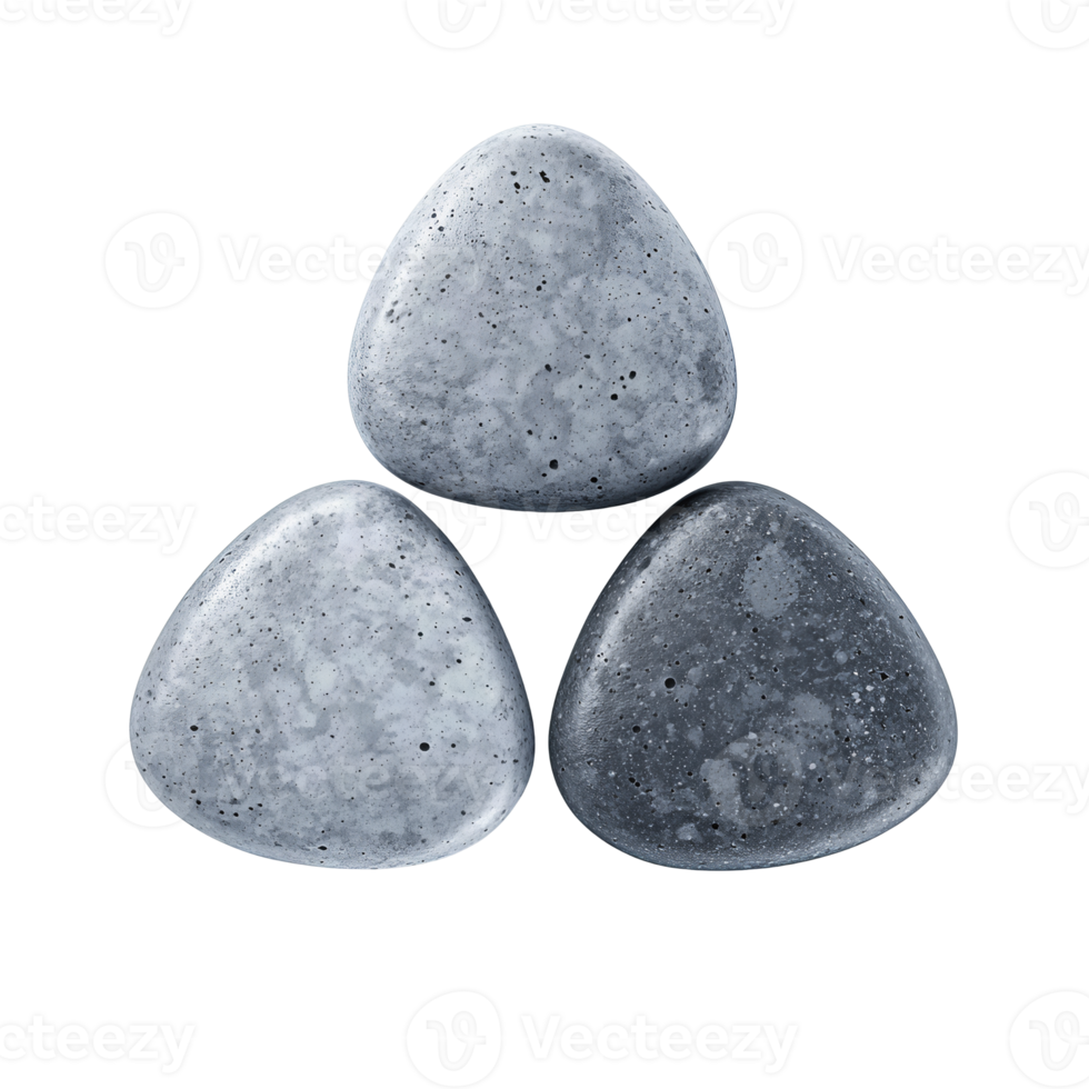 Set of three smooth gray pebble tokens arranged in a triangular pattern, isolated on transparent background. png