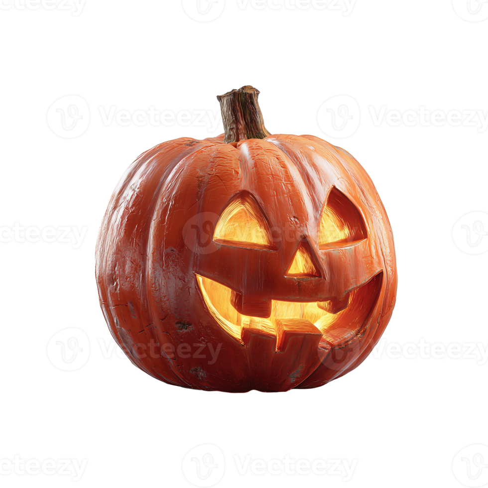 Pumpkin lantern carved with sharp grin and triangular features, lit warmly from within, isolated on transparent background. png