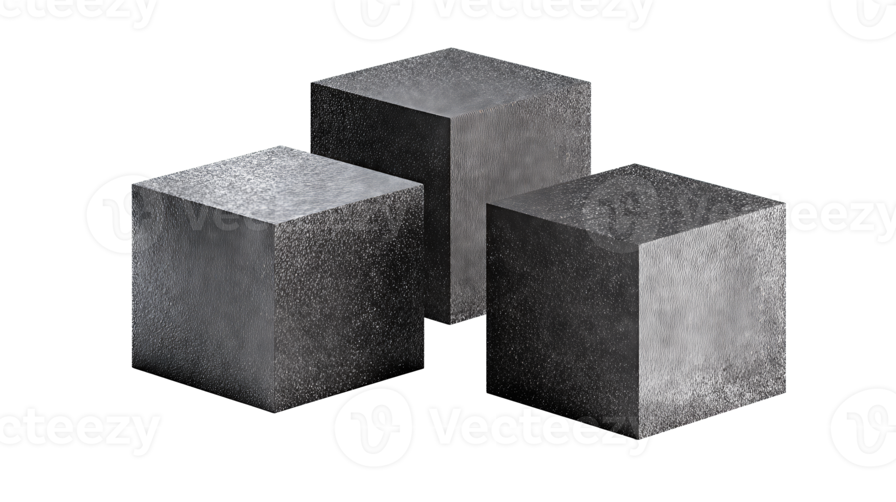 Three graphite cubes with beveled edges and soft matte texture, arranged in staggered depth with one corner facing forward, isolated on transparent background. png