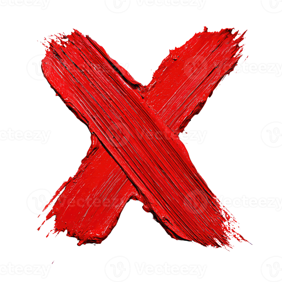 Textured red paint X made from two uneven brush lines crossing with thick overlap and bristle marks, isolated on transparent background. png