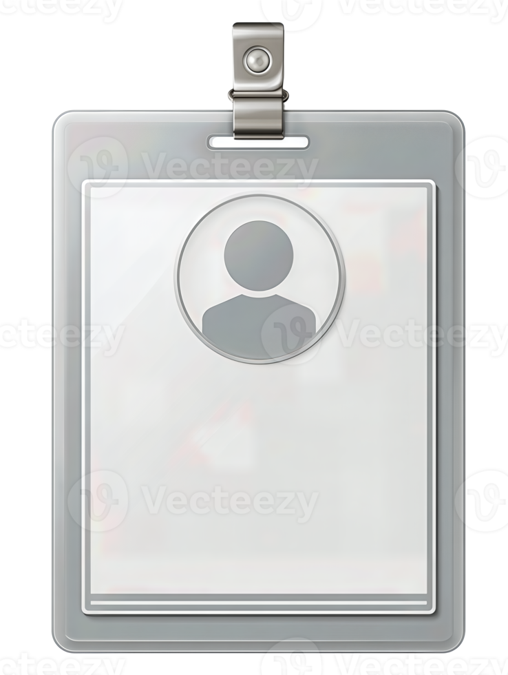 An ID badge card with a soft-gray frame, centered circular avatar space, and a small top clip tab, featuring subtle embossed lines, isolated on transparent background. png