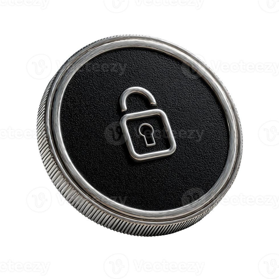 Modern security token in round form, black core with padlock icon cutout and precision steel edging, isolated on transparent background. png