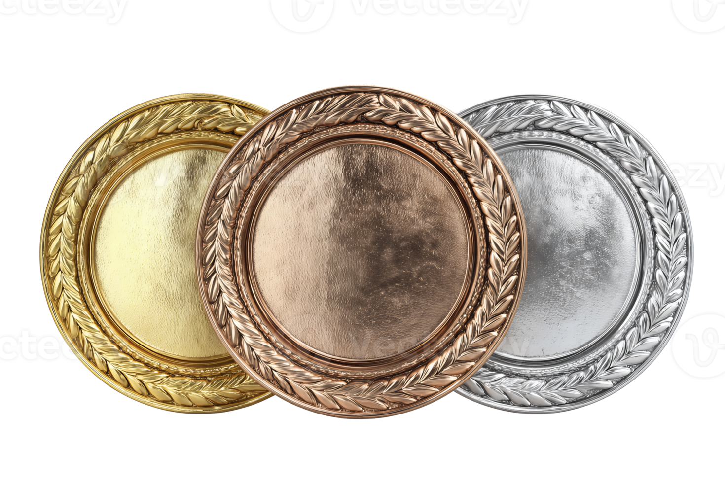 Set of gold, silver, and bronze laurel medals with embossed leaf motifs, satin borders and ribbon loops, arranged in a curved layout, isolated on transparent background. png