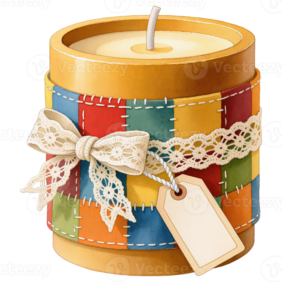 A beautifully crafted candle with a colorful quilted pattern, adorned with a delicate bow and a blank tag, ready to add warmth and charm. png