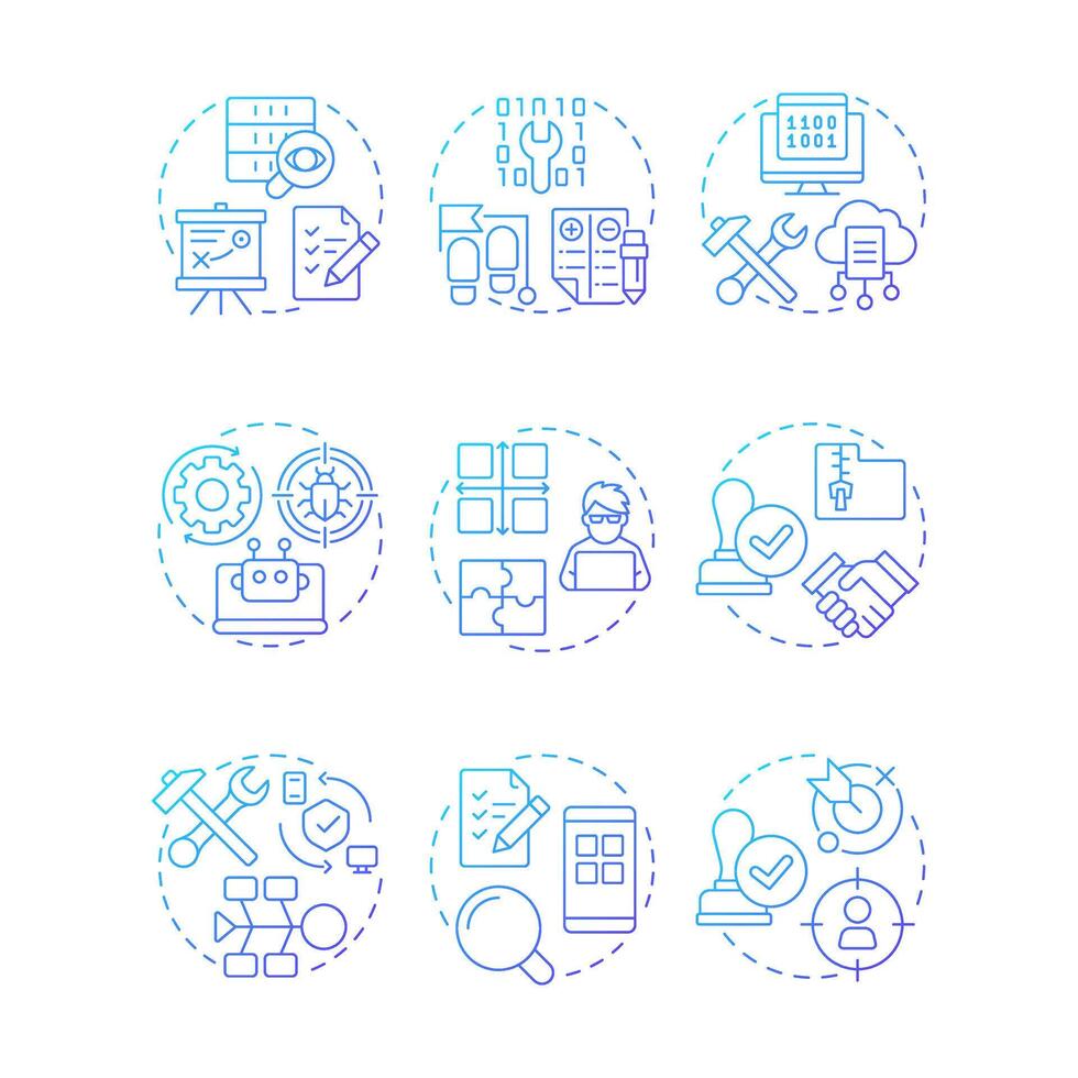 Software development and testing blue gradient concept icons. Test planning, user experience. Icon pack. Round shape illustrations for infographic, presentation. Abstract idea vector