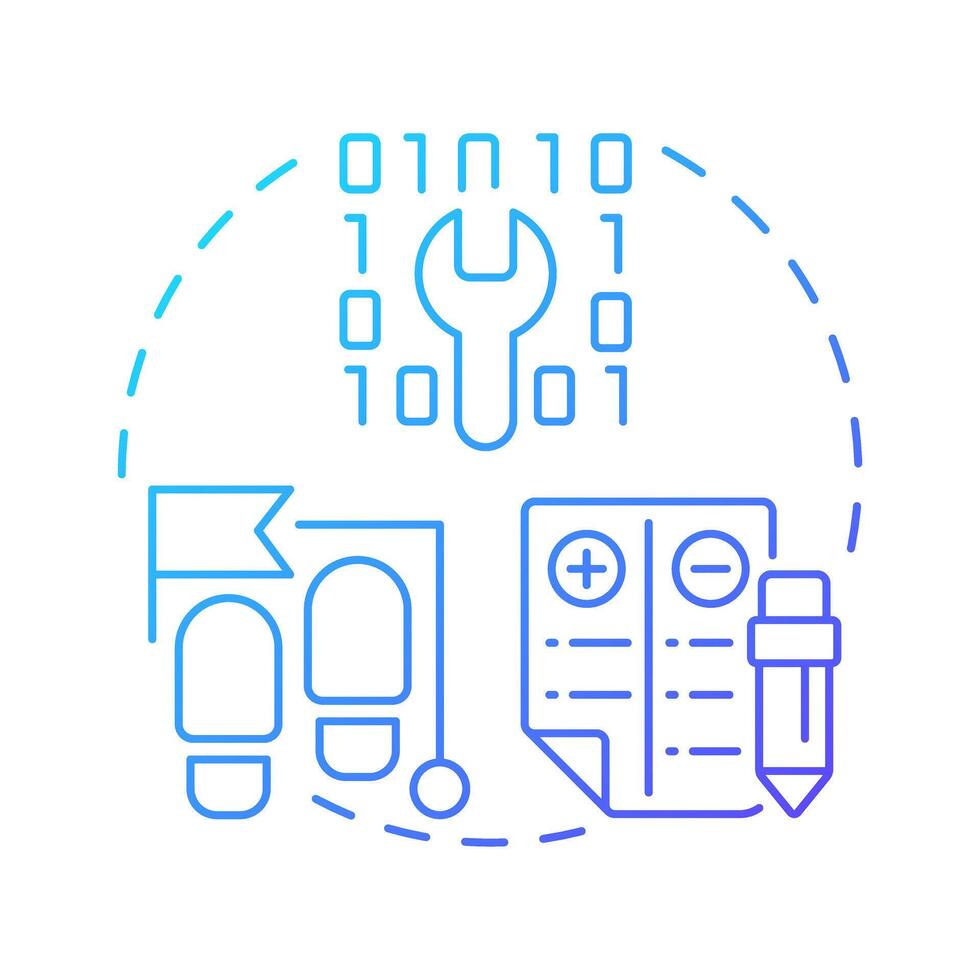 Test case development blue gradient concept icon. Balance sheet. Coding, programming. Round shape line illustration. Abstract idea. Graphic design. Easy to use in infographic, presentation vector