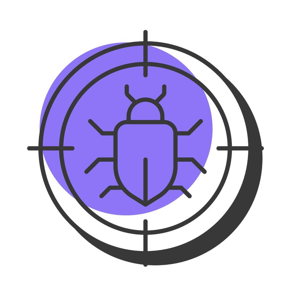 Bug tracking offset shadow line icon. Software engineering, development. Programming security, monitoring. Bold outline symbol with solid purple fill. Modern flat illustration. Editable stroke vector
