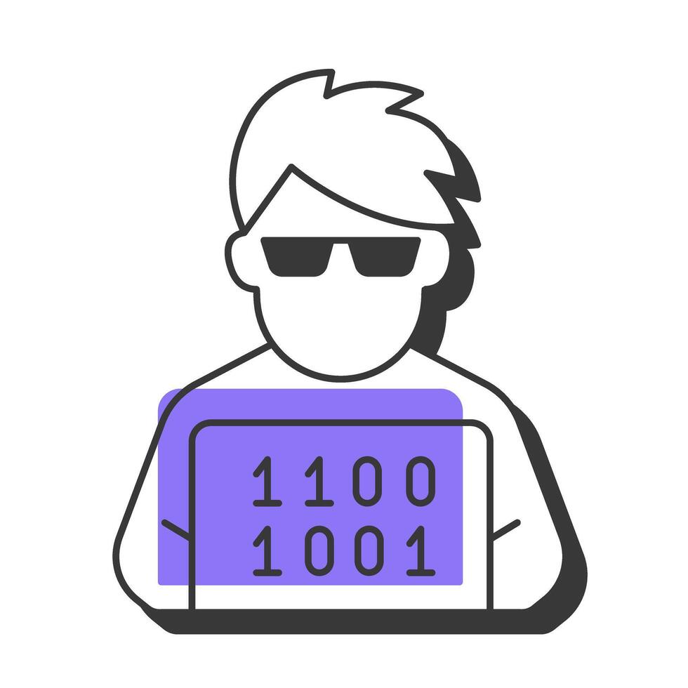 Software developer offset shadow line icon. Penetration testing, system. Ethical hacking, hacker. Bold outline symbol with solid purple fill. Modern flat illustration. Editable stroke vector