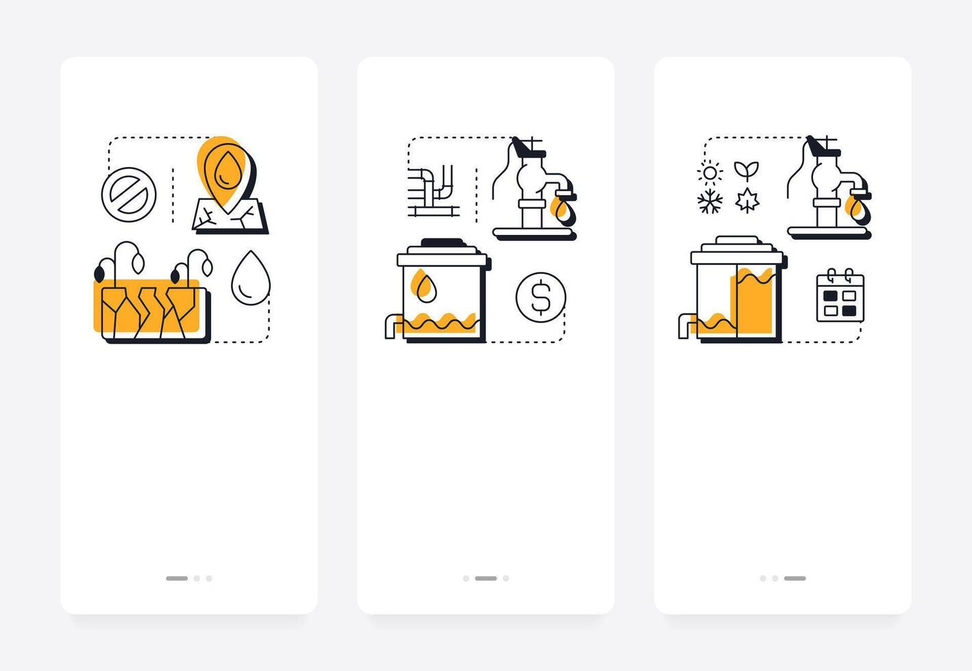 Types of water scarcity mobile app onboarding screens. Ecology problem handling. Environment care importance. Flat UI UX design, yellow highlight with outline icons conceptual vector