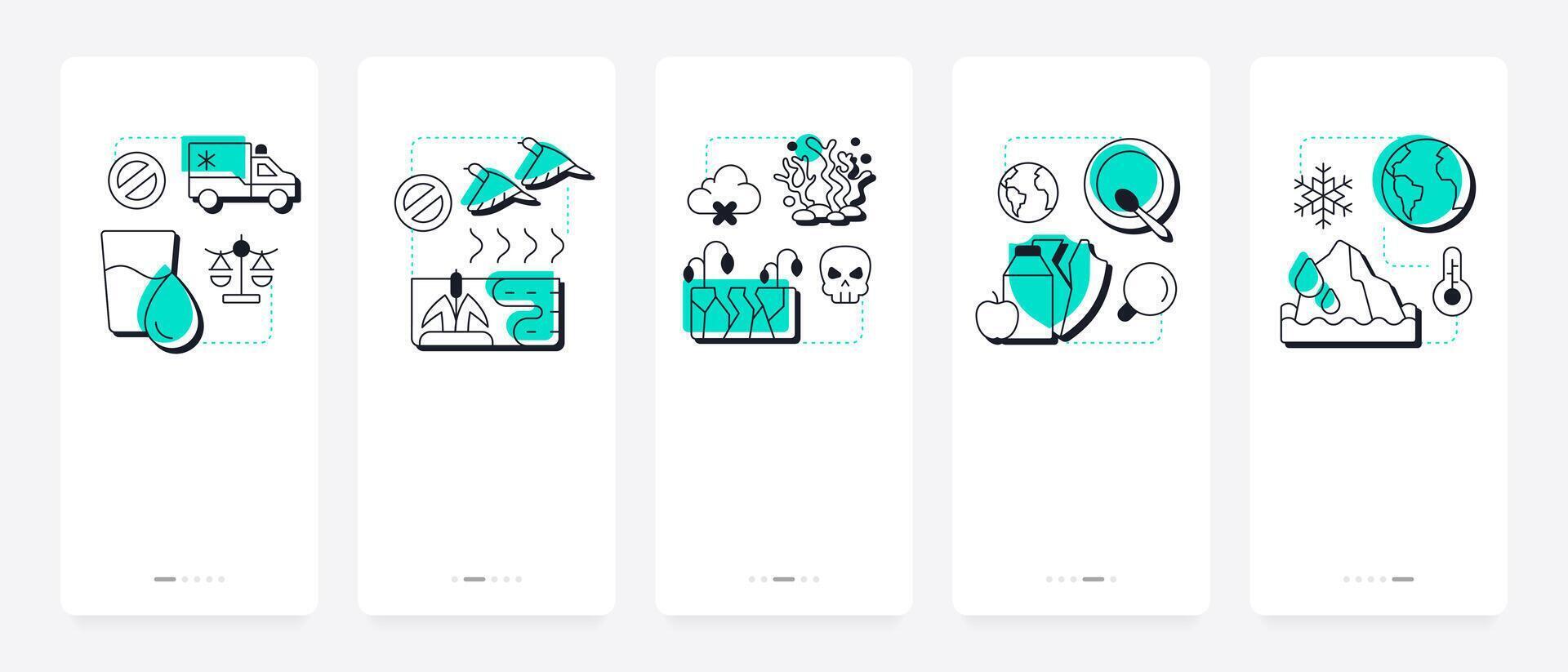 Impact of water crisis mobile app onboarding screens. Environment and ecosystem damage. Drinkwater sources lack. Flat UI UX design, green highlight with outline icons conceptual vector
