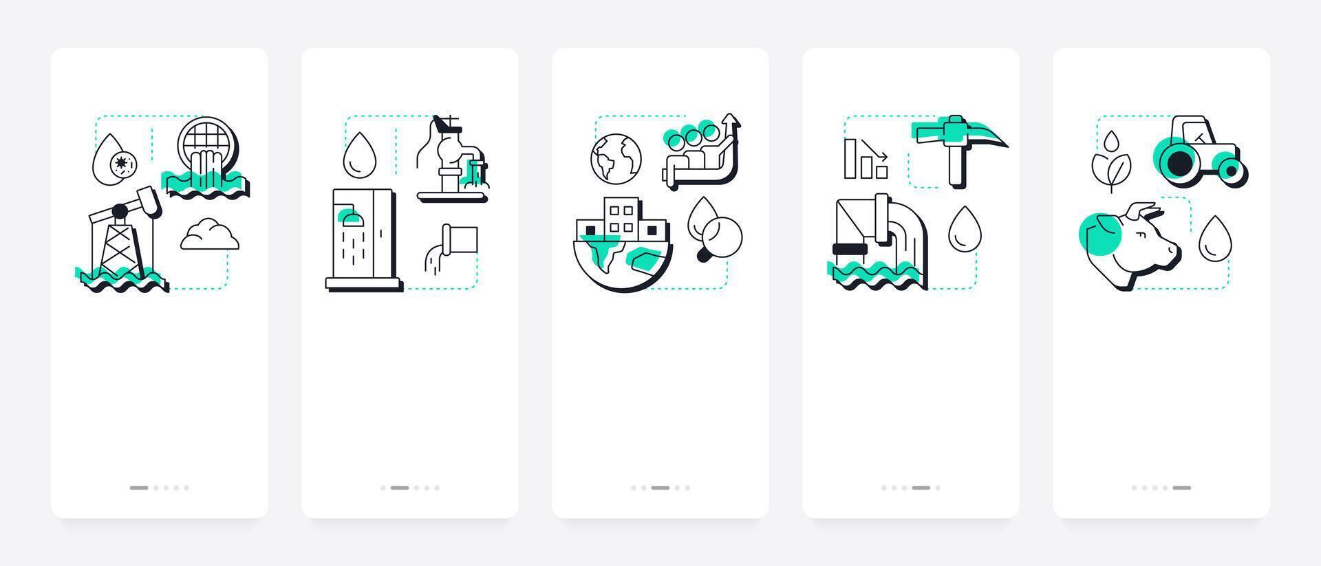 Causes of water scarcity mobile app onboarding screens. Ecology crisis management. Drought and insecurity prevention. Flat UI UX design, green highlight with outline icons conceptual vector