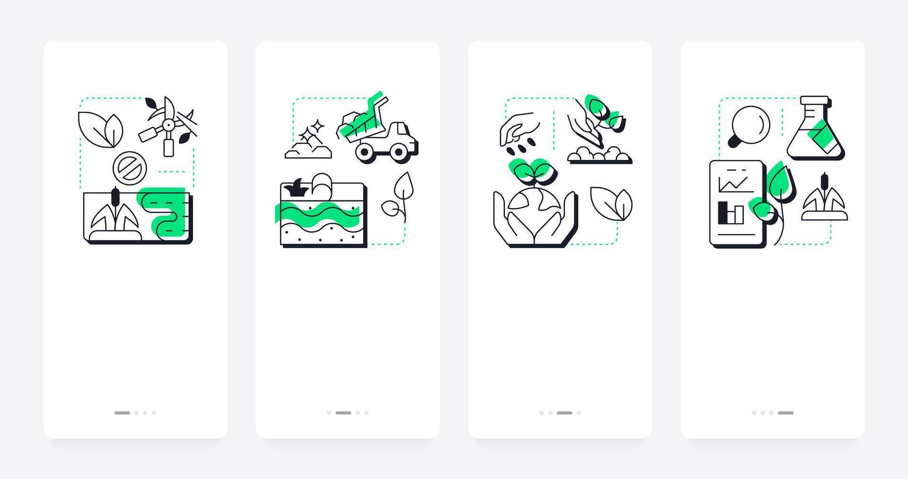 Phases of wetland restoration mobile app onboarding screens. Water sources development. Drinkwater crisis overcoming. Flat UI UX design, green highlight with outline icons conceptual vector