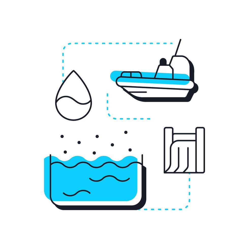 Dams and reservoirs modern linear concept icon. Artificial lakes of freshwater. Strategy for increasing water supply. Flat outline elements connected with dotted lines. Creative visual. Easy to edit vector
