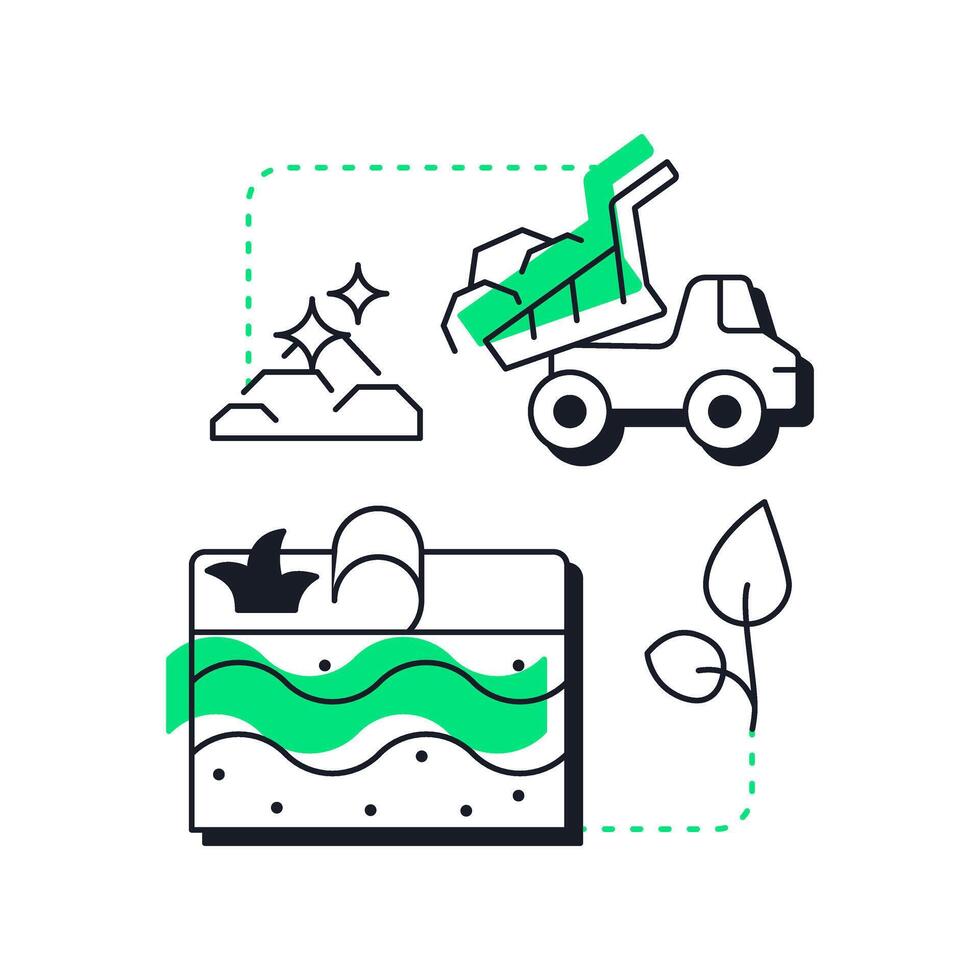 Placement of clean sediment modern linear concept icon. Adding uncontaminated soil. Phase of wetland restoration. Flat outline elements connected with dotted lines. Creative visual. Easy to edit vector