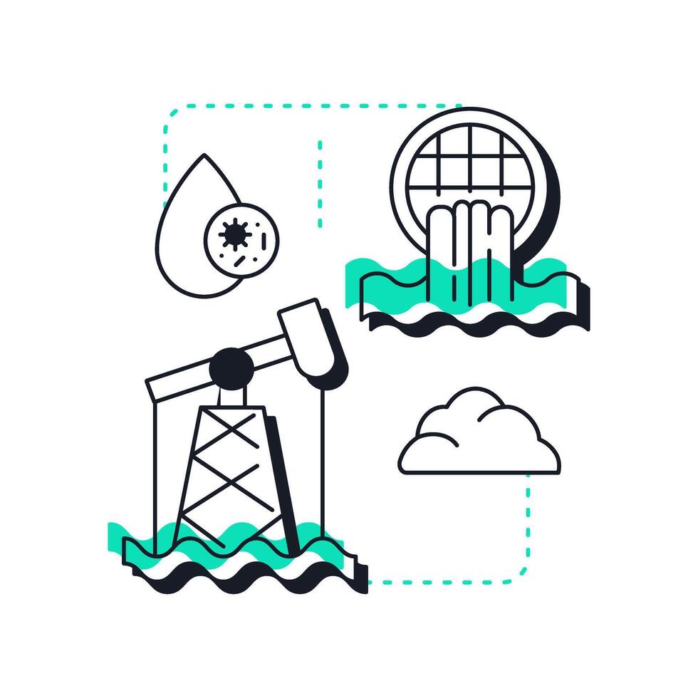 Water pollution modern linear concept icon. Contamination of waterbodies with toxins. Cause of freshwater scarcity. Flat outline elements connected with dotted lines. Creative visual. Easy to edit vector