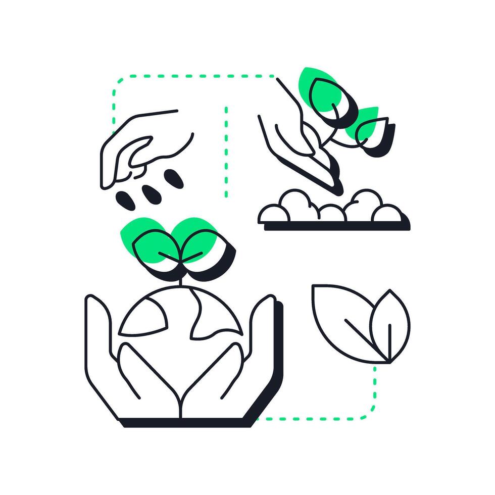 Planting and seeding modern linear concept icon. Jumpstart ecosystem recovery. Phase of wetland restoration. Flat outline elements connected with dotted lines. Creative visual. Easy to edit vector