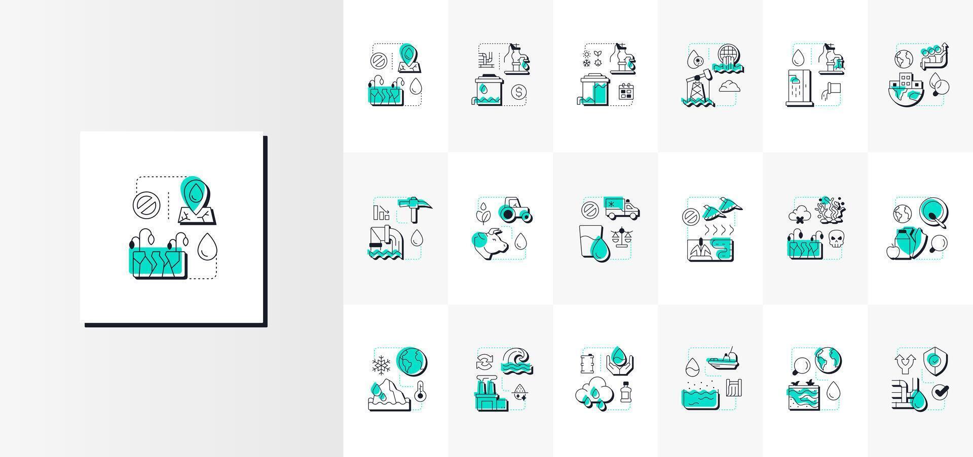Water scarcity modern linear concept icons bundle. Critical global problem. Freshwater sources lack prevention. Flat outline elements connected with dotted lines. Creative mega set. Easy to edit vector