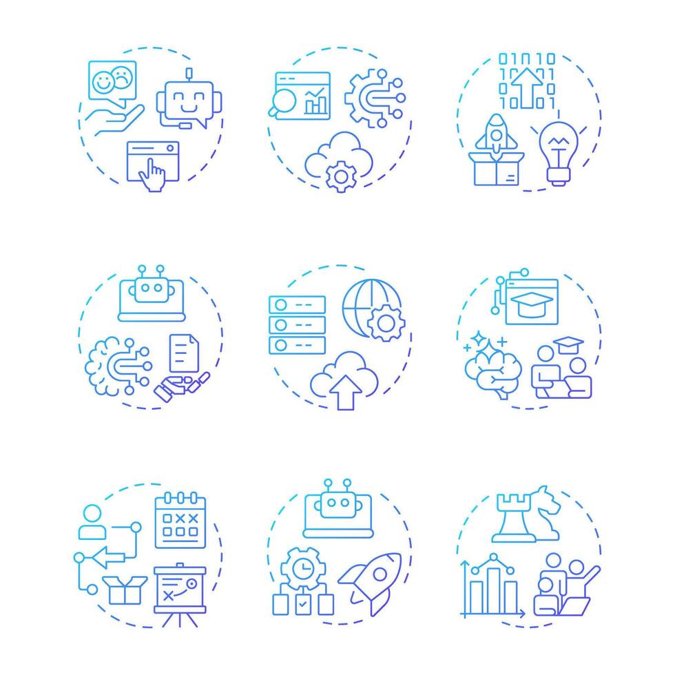 Digital transformation blue gradient concept icons. Business innovation, cloud technology. Icon pack. Round shape illustrations for infographic, presentation. Abstract idea vector
