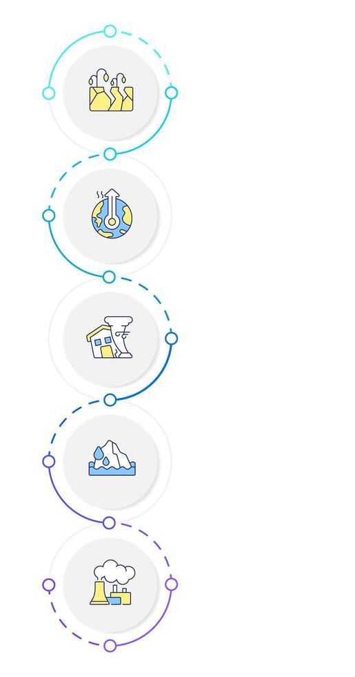 Global warming infographic design template. Climate change. Heatwaves, storms. Sea level. Data visualization 5 options. Process vertical flow chart vector