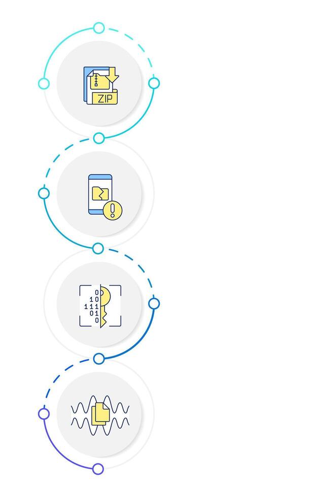 Data management infographic design template. Cybersecurity, cryptography. Coding methodology. Data visualization 4 options. Process vertical flow chart vector