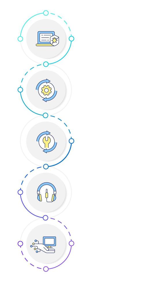 Technical support infographic design template. Computer maintenance. Network repair, internet. Data visualization 5 options. Process vertical flow chart vector