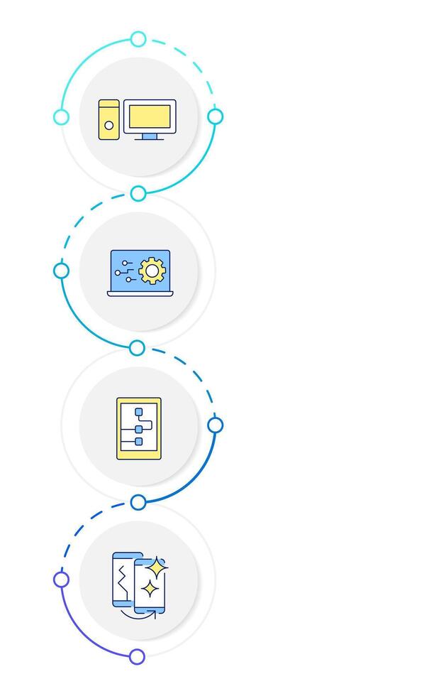 Electronic devices repair infographic design template. Computer maintenance. Laptop, smartphone. Data visualization 4 options. Process vertical flow chart vector