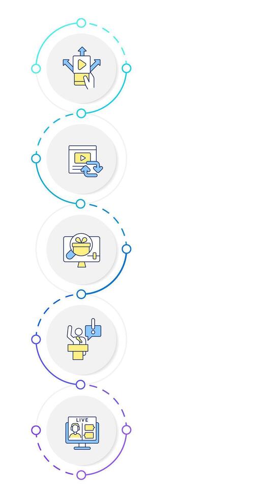 Networking social media infographic design template. Blogging, streaming. User content. Data visualization 5 options. Process vertical flow chart vector