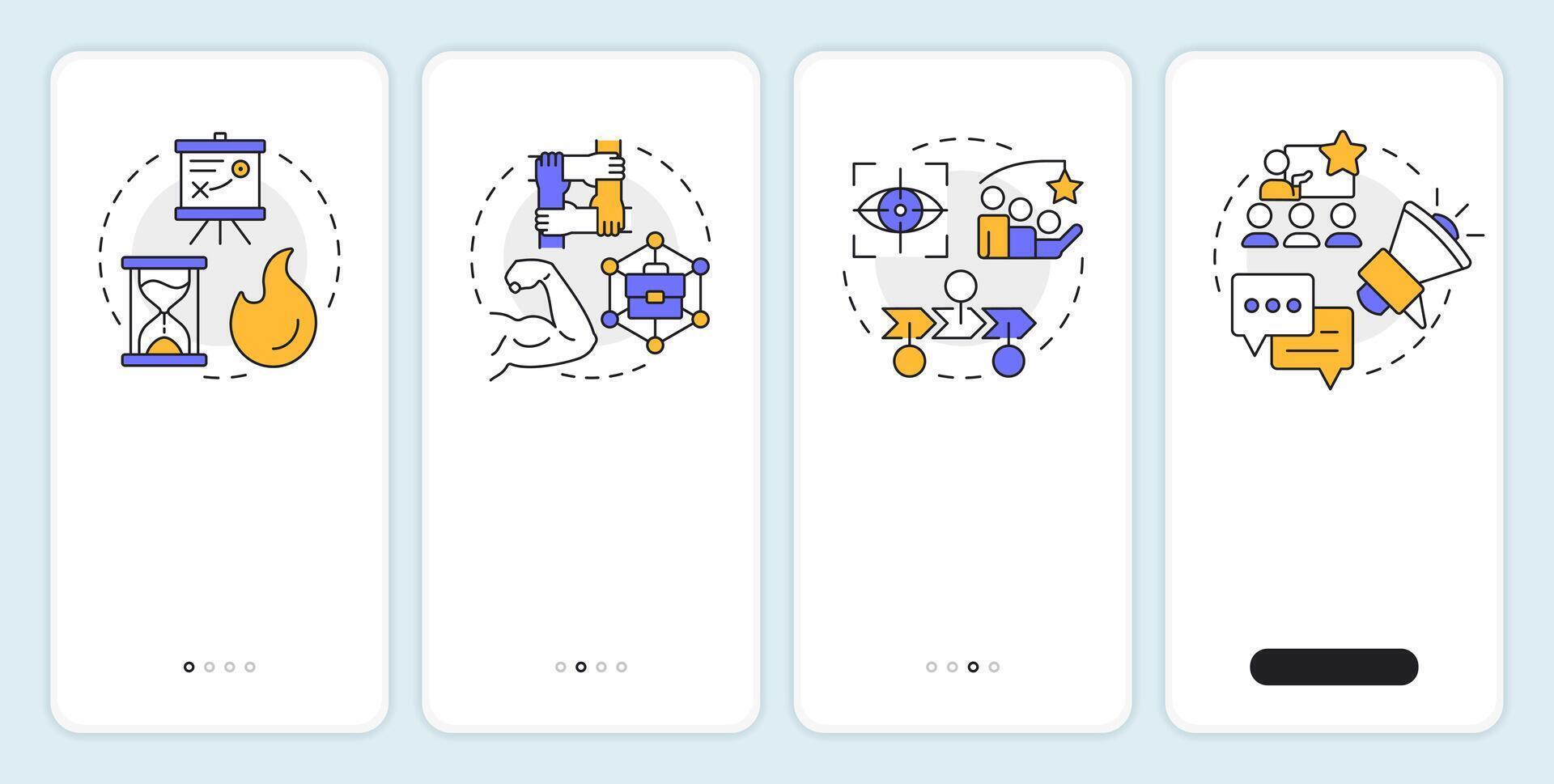 Kotter change management model onboarding mobile app screen. Corporate. Walkthrough 4 steps editable graphic instructions with linear concepts. UI, UX, GUI vector