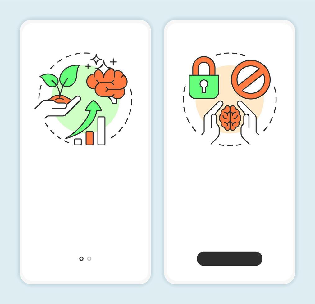 Self management skills onboarding mobile app screen. Mindset improvement. Walkthrough 2 steps editable graphic instructions with linear concepts. UI, UX, GUI vector