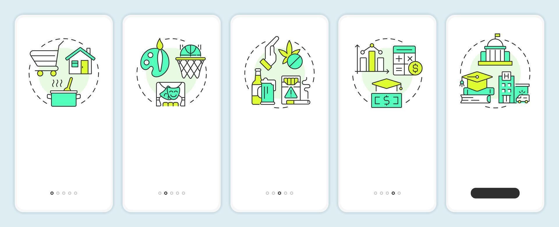 Life competencies onboarding mobile app screen. Soft skills development. Walkthrough 5 steps editable graphic instructions with linear concepts. UI, UX, GUI vector