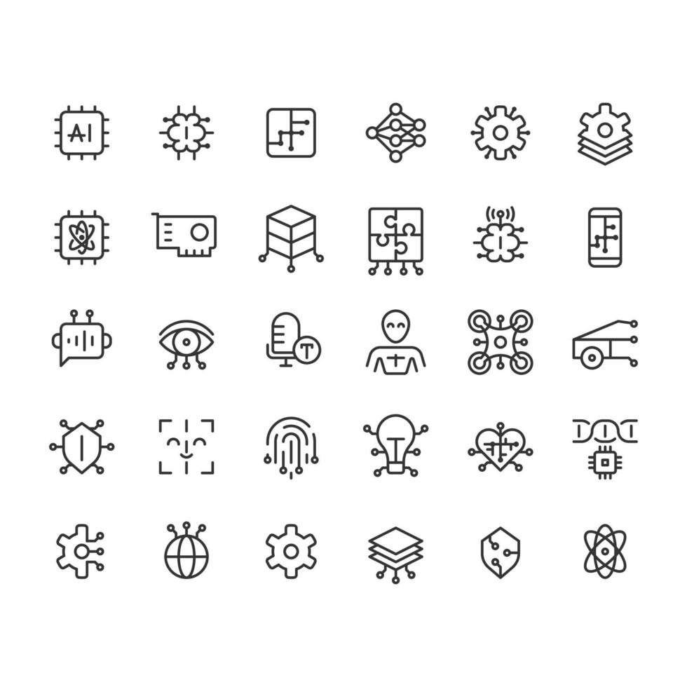 Artificial intelligence line ui icons set. Data processing, management. Cloud infrastructure. Isolated outline symbols iconography. User interface elements linear, pixel perfect vector