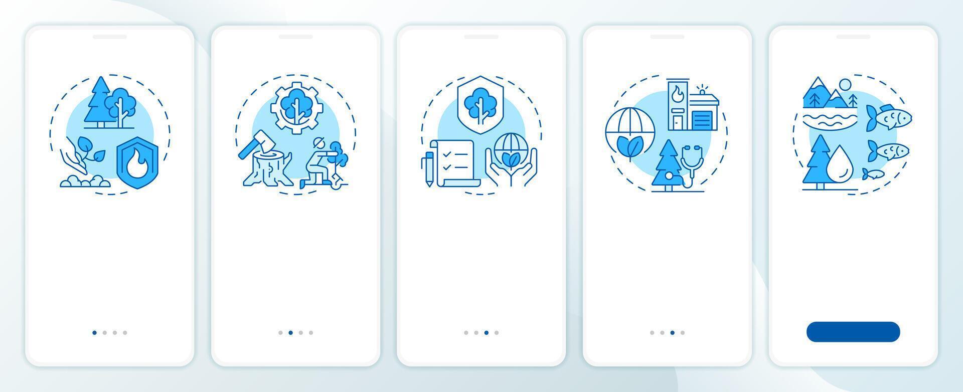 Forest policy blue onboarding mobile app screen. Watershed management. Walkthrough 5 steps editable graphic instructions with linear concepts. UI, UX, GUI vector