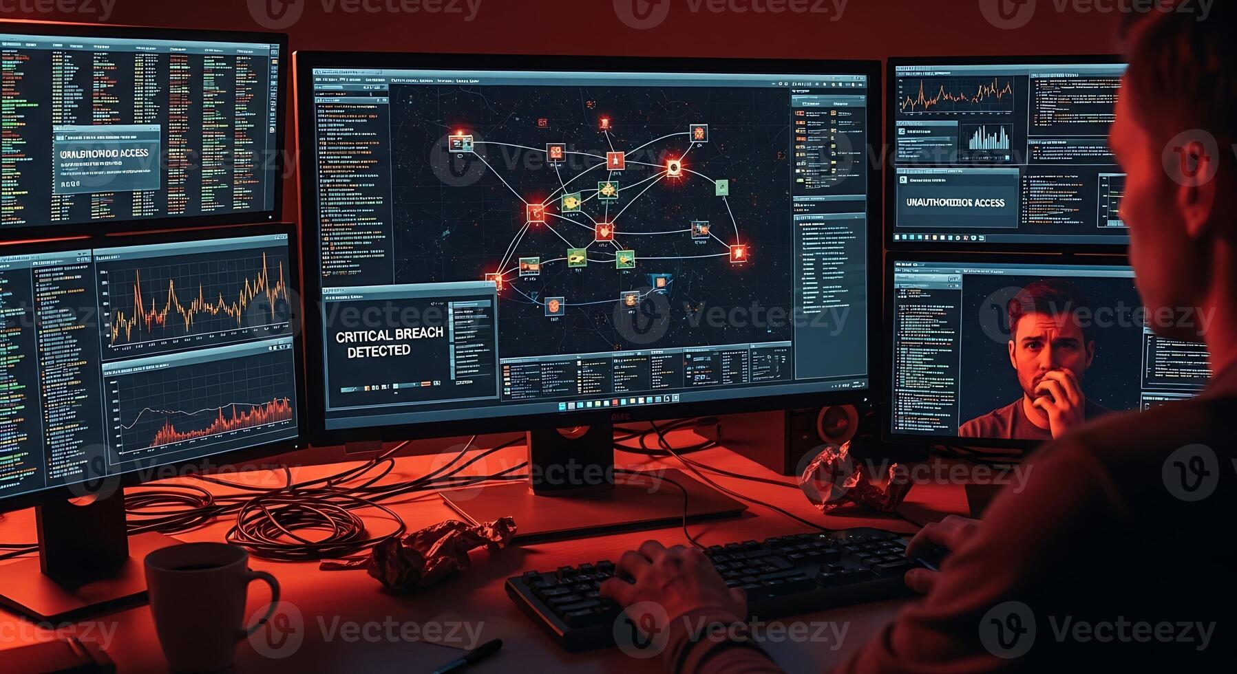 Hacker Alert Cybersecurity Breach on Computer Monitors photo