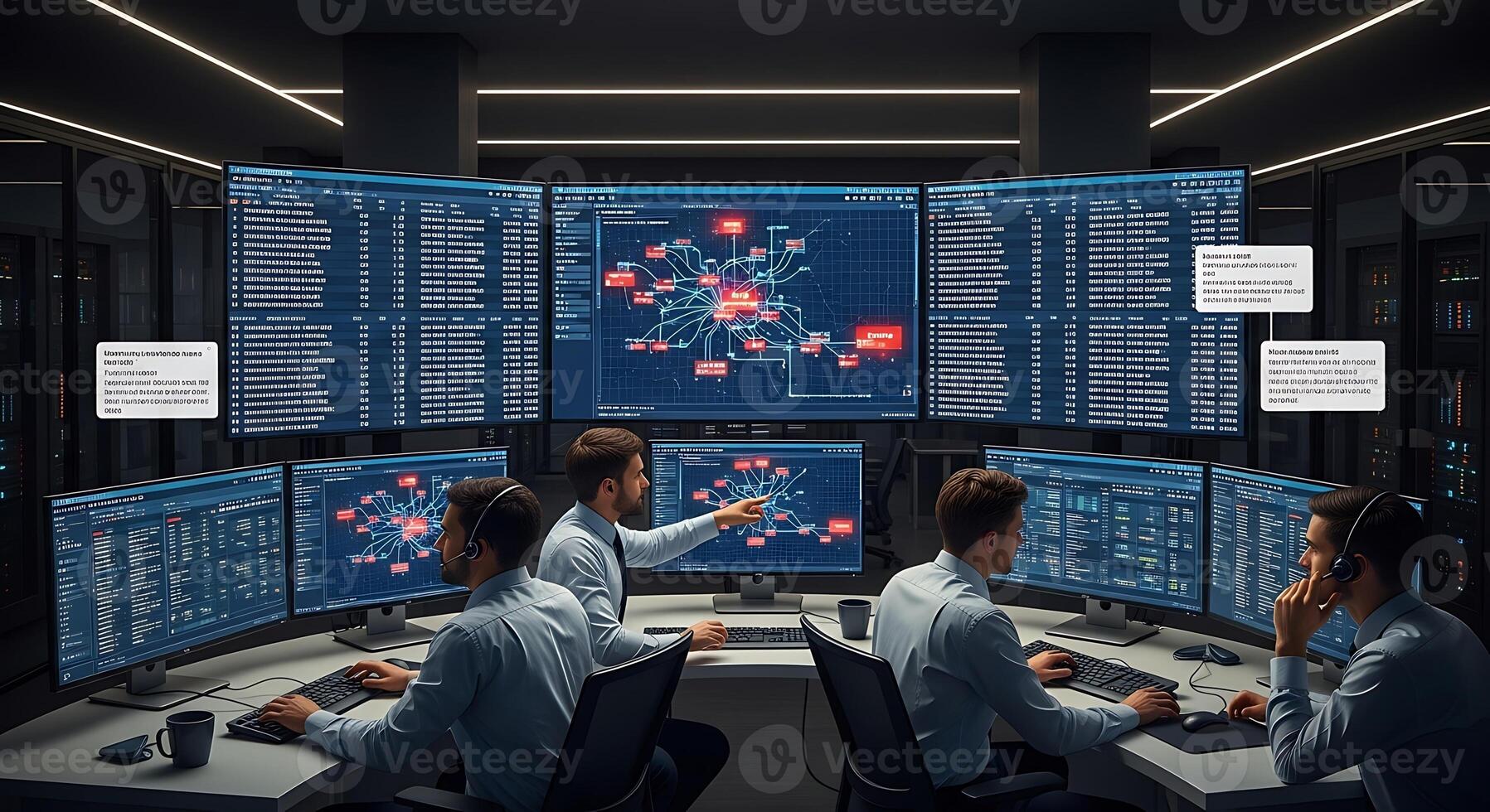 IT Specialists Monitoring Network Security and Data Analysis in Dark Data Center photo