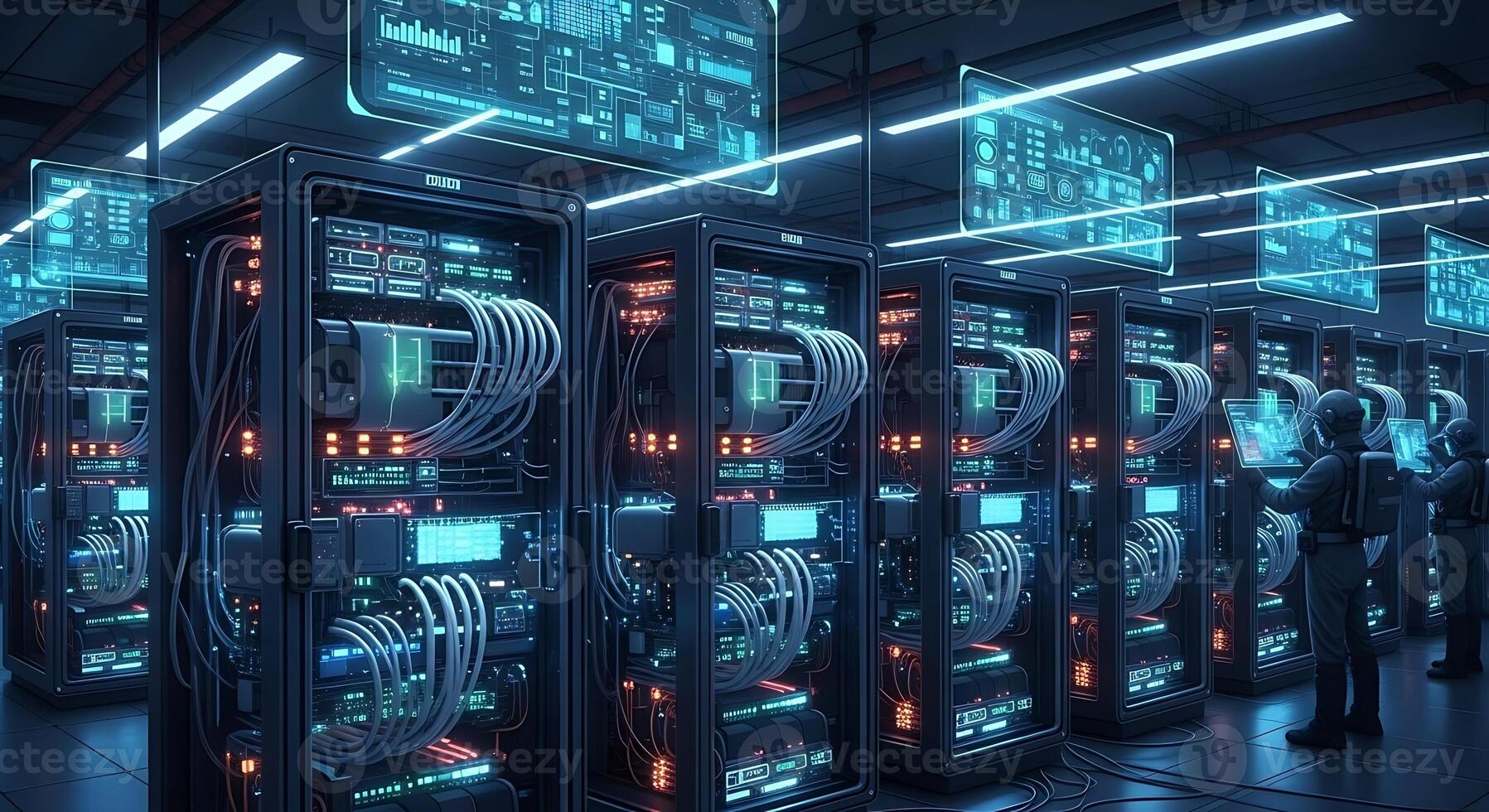 Modern Data Center Server Racks and Technicians Monitoring Network Activity photo