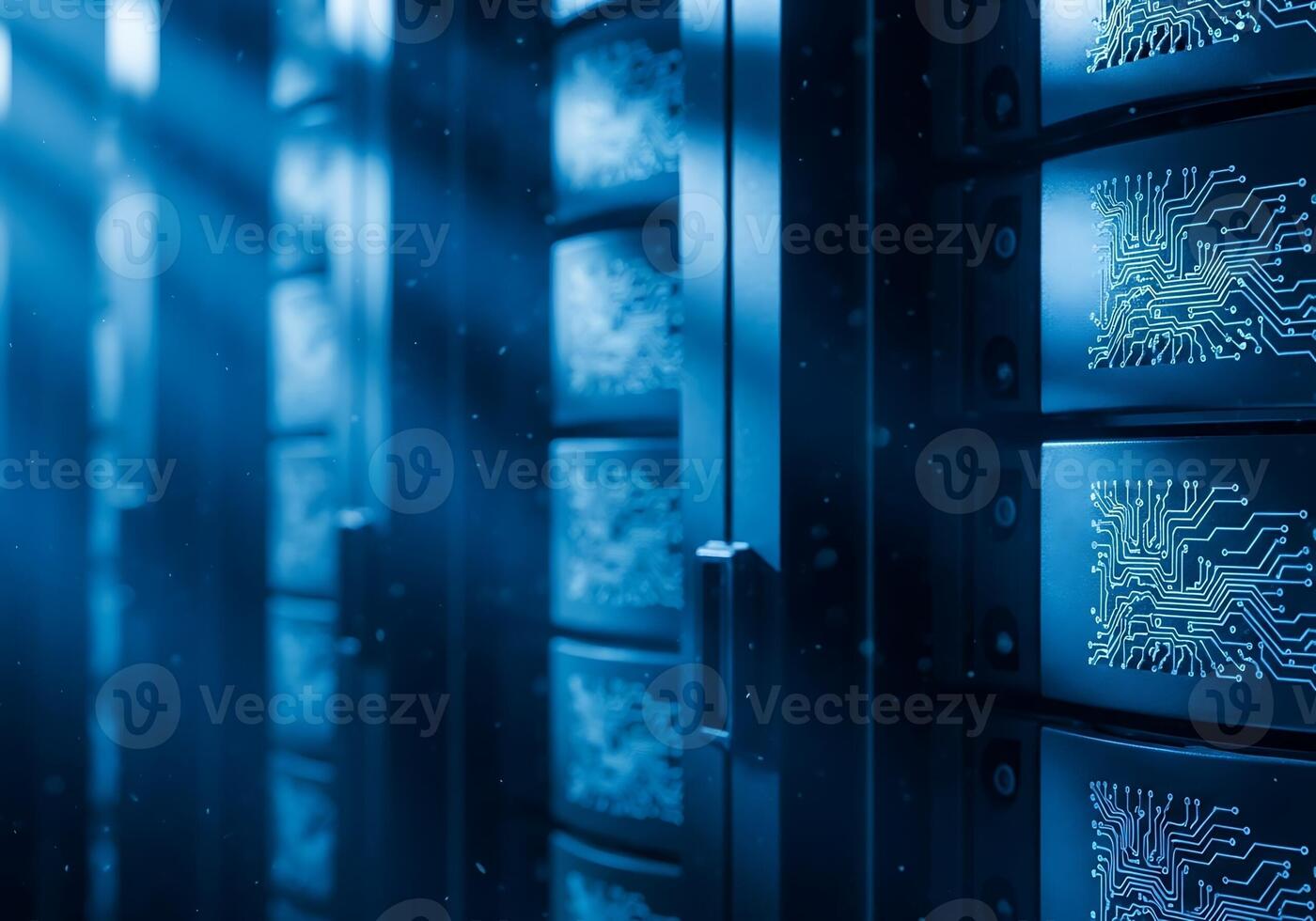 Abstract Server Racks with Blue Circuit Board Patterns and Dust Particles photo
