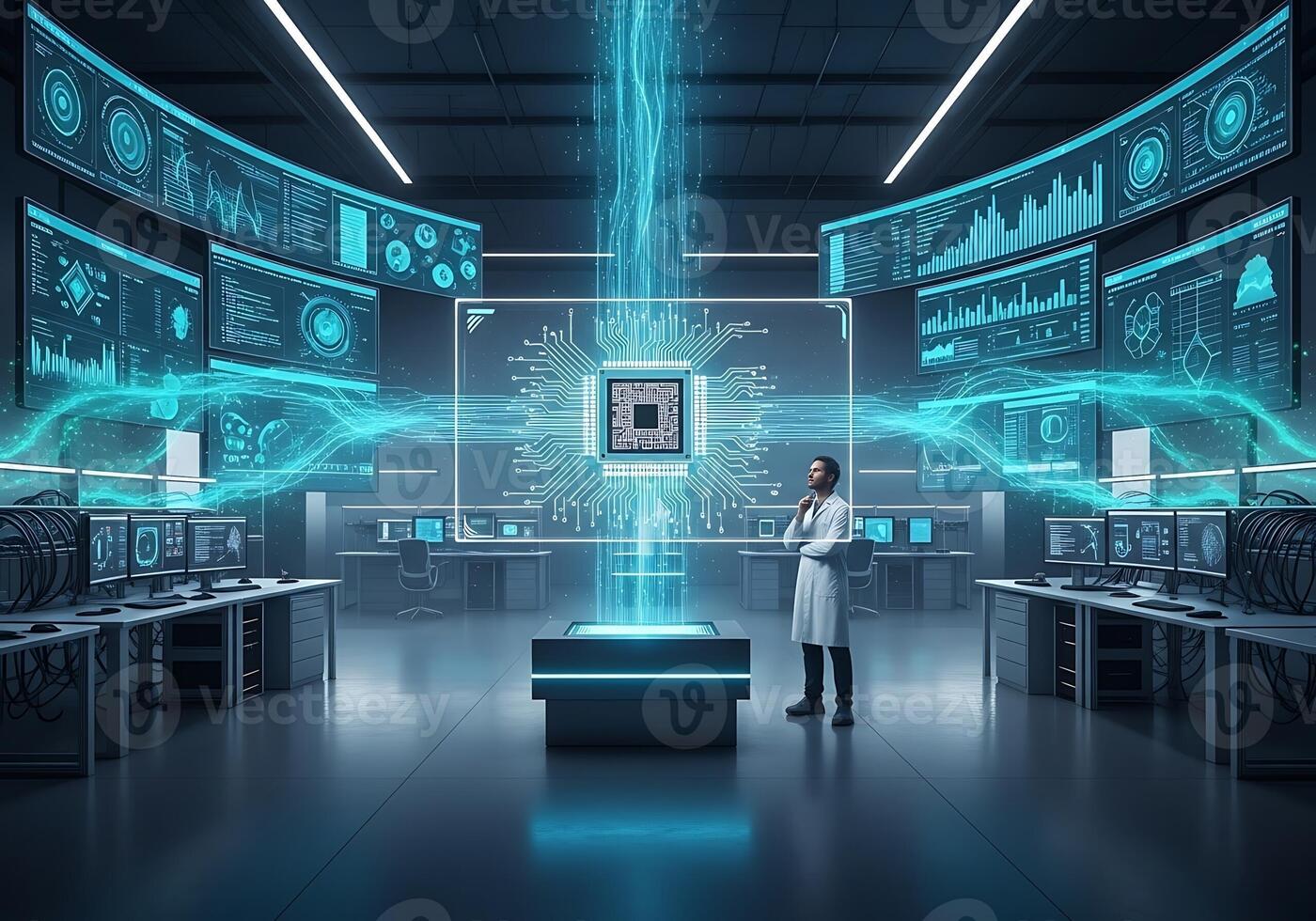 Scientist Observes Futuristic Holographic Microchip and Data Streams in Server Room photo