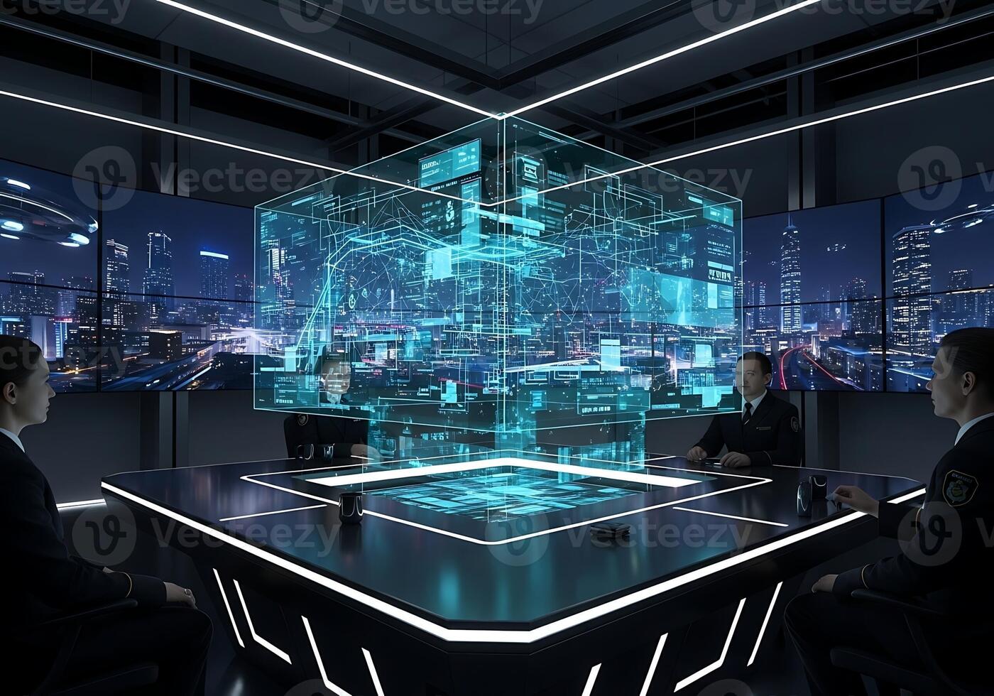 Futuristic Command Center with Holographic Data Display and Team photo