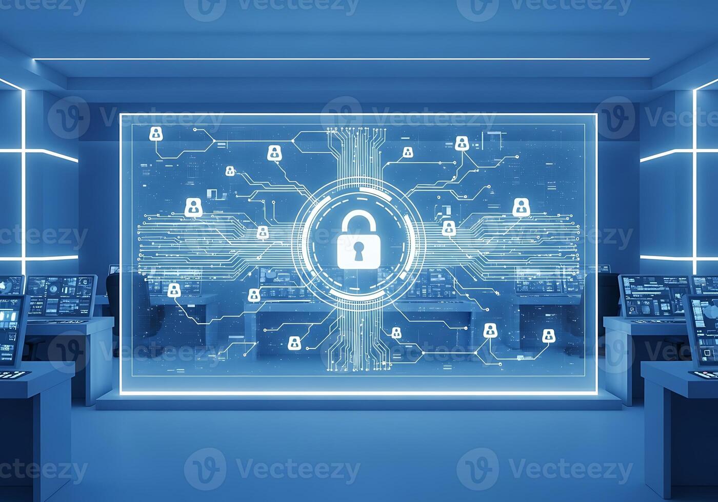 Futuristic Cyber Security Center with Glowing Digital Padlock and Network Connection Graphics photo