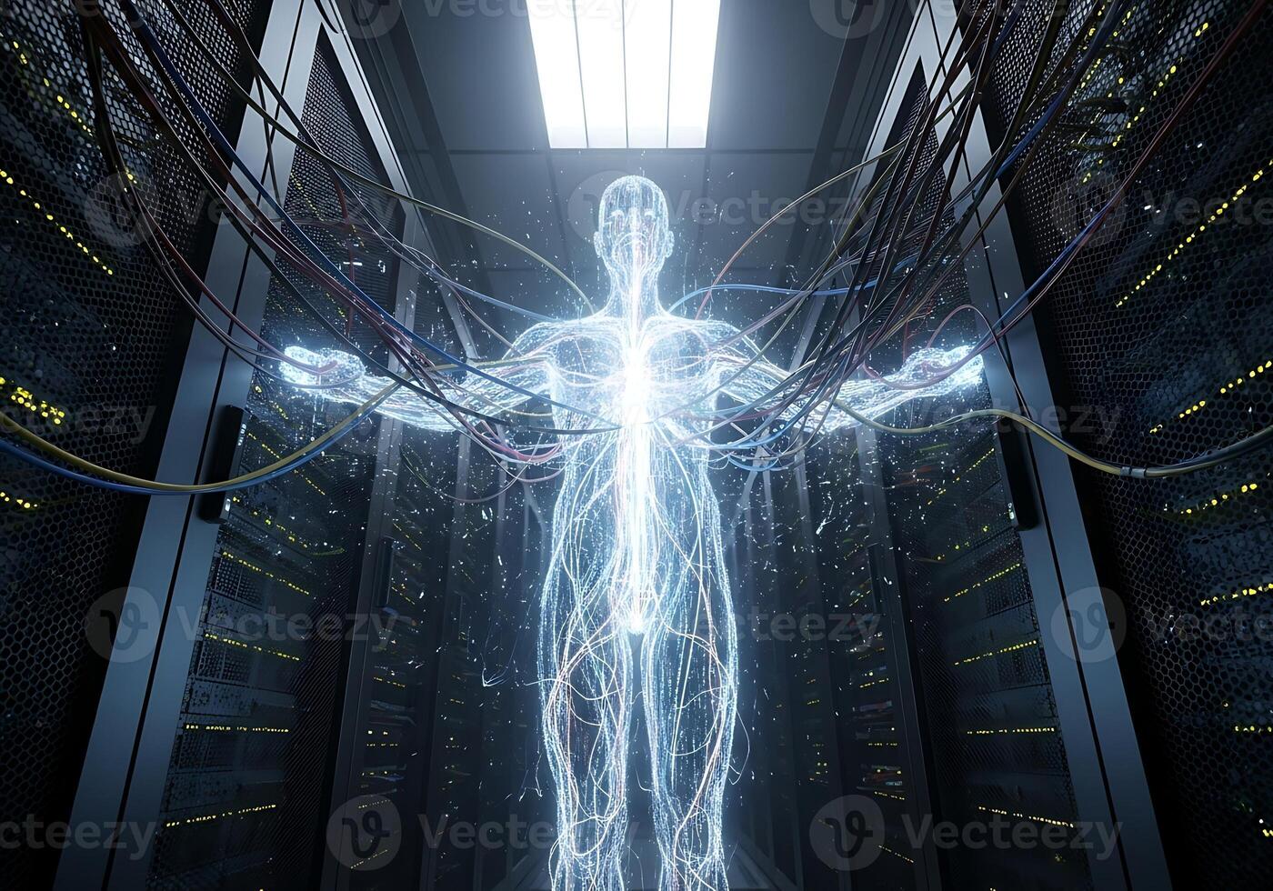 Digital Human Form Connected to Server Racks AI Technology and Data Integration Concept photo